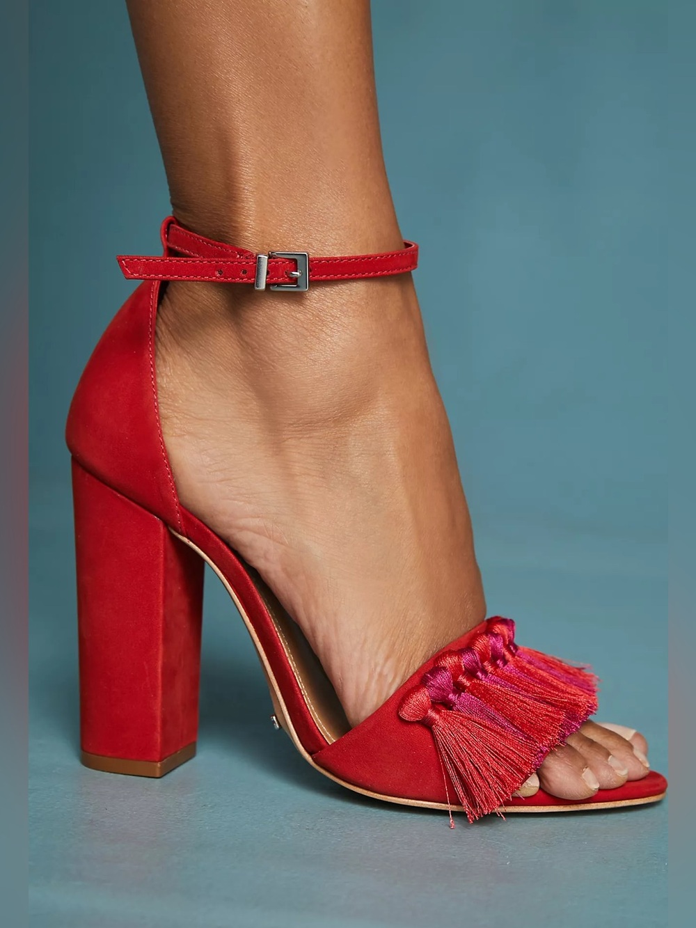 Schutz Detty Sandals Womens Red Tassel Fringe Ankle Strap Block Heel Size 7.5